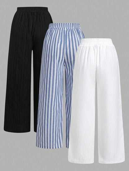Essnce 3pcs Set Women's Blue And White Stripe Nautical Style Casual Summer Vacation Waist Tie Pants With Pockets,Straight Leg Black & White Striped Clothes