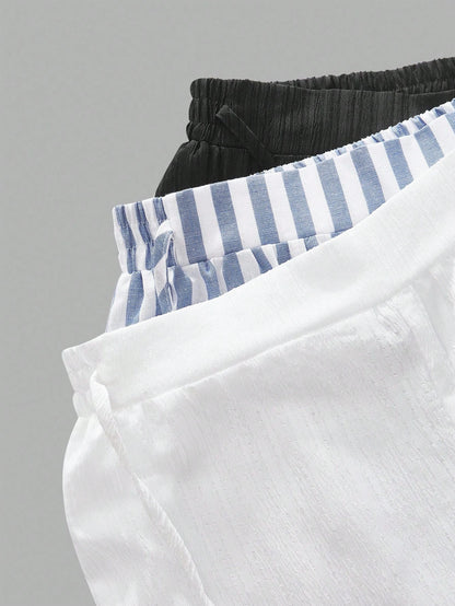Essnce 3pcs Set Women's Blue And White Stripe Nautical Style Casual Summer Vacation Waist Tie Pants With Pockets,Straight Leg Black & White Striped Clothes