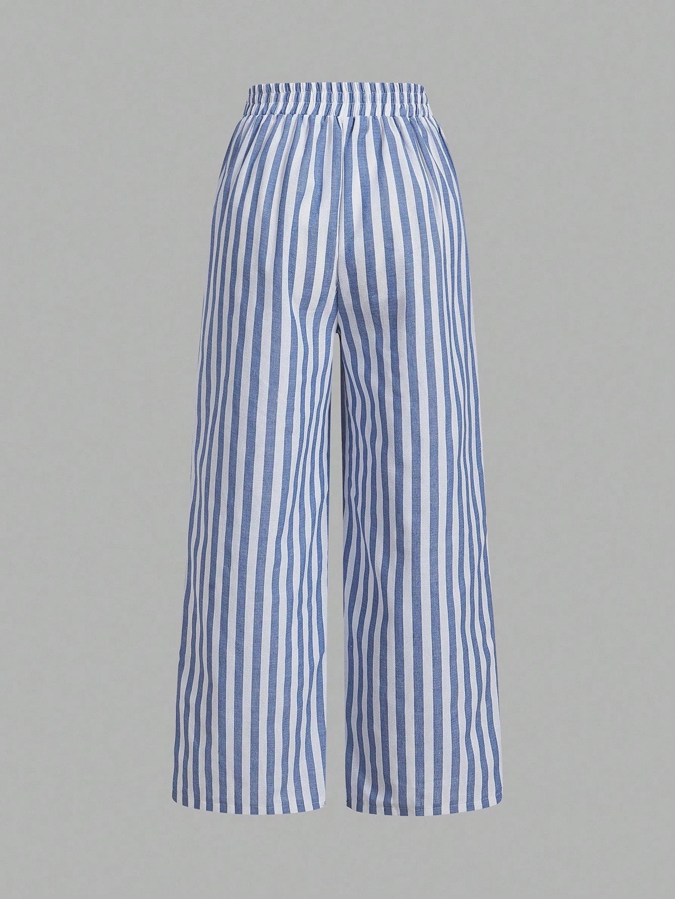 Essnce 3pcs Set Women's Blue And White Stripe Nautical Style Casual Summer Vacation Waist Tie Pants With Pockets,Straight Leg Black & White Striped Clothes