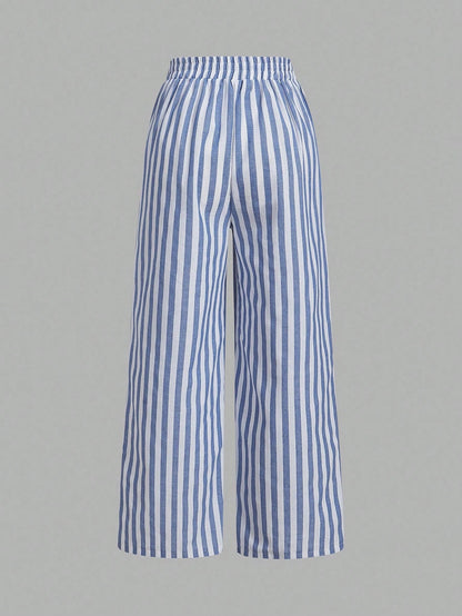 Essnce 3pcs Set Women's Blue And White Stripe Nautical Style Casual Summer Vacation Waist Tie Pants With Pockets,Straight Leg Black & White Striped Clothes