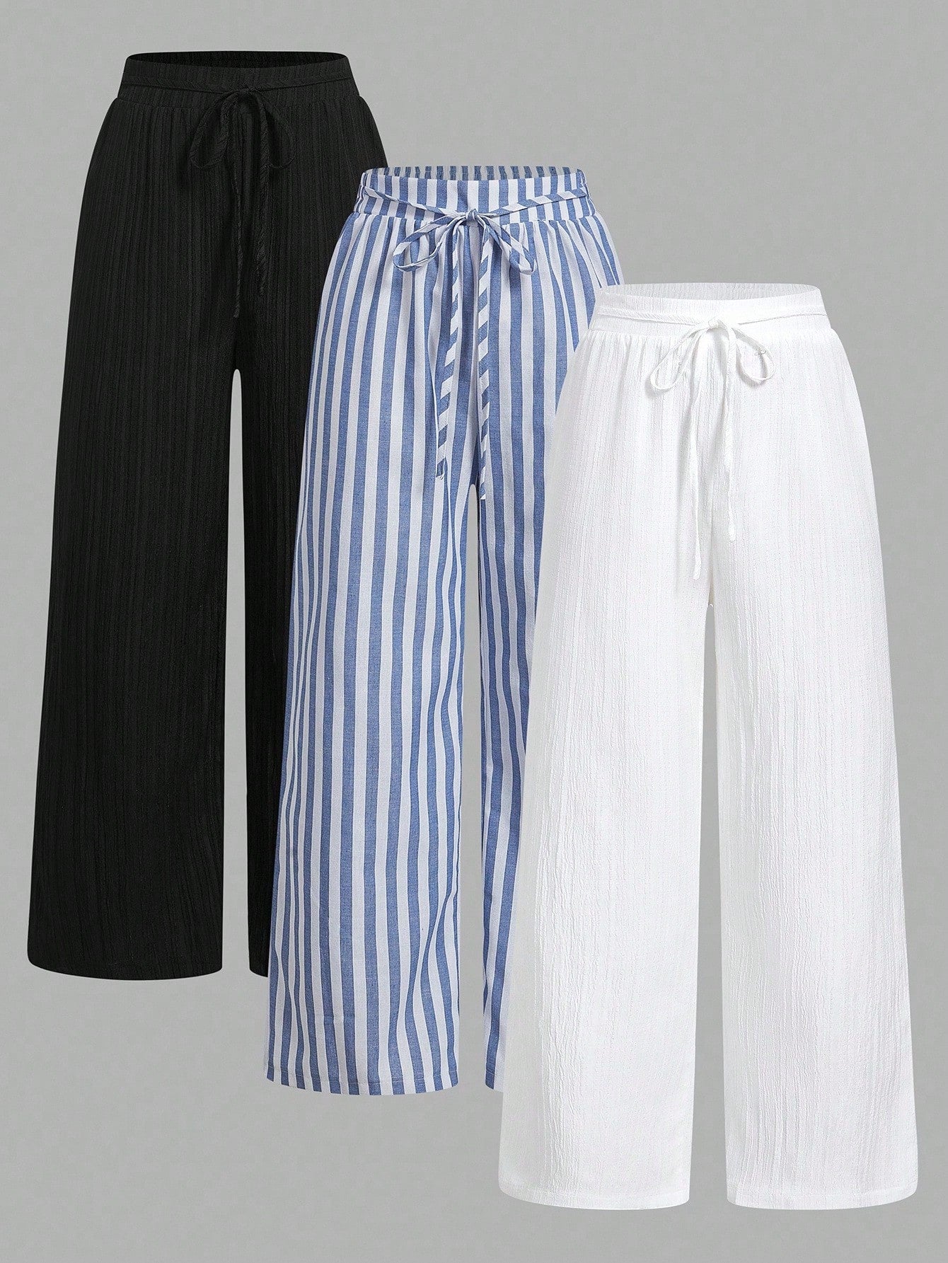 Essnce 3pcs Set Women's Blue And White Stripe Nautical Style Casual Summer Vacation Waist Tie Pants With Pockets,Straight Leg Black & White Striped Clothes