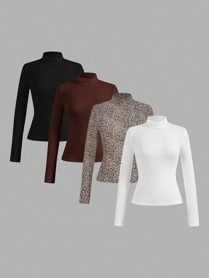 Essnce 4pcs/Set Women Plus Size Casual Minimalist Turtleneck Slim Fit T-Shirt Pullover Spring Fall