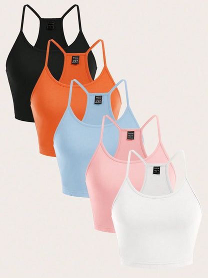 Essnce 5pcs Women's Casual Minimalist Spaghetti Strap Camisole Set, Suitable For Summer