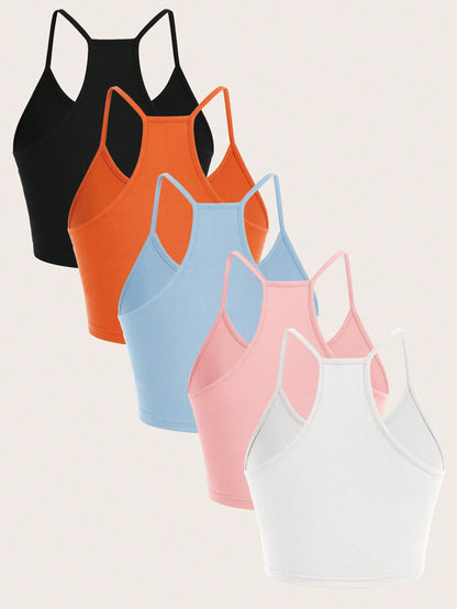 Essnce 5pcs Women's Casual Minimalist Spaghetti Strap Camisole Set, Suitable For Summer