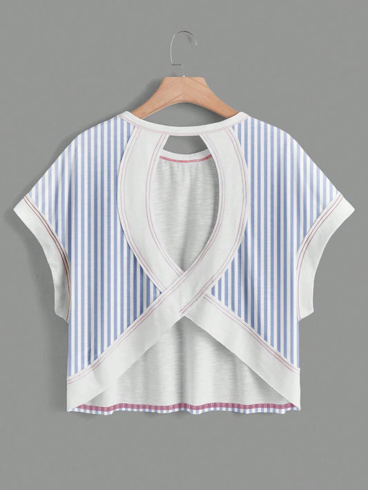 Essnce Women's Blue And White Stripe T-Shirt,Summer Casual Vacation Round Neck Backless Asymmetrical Hem Loose Sleeveless Striped Print Chic Party Festival