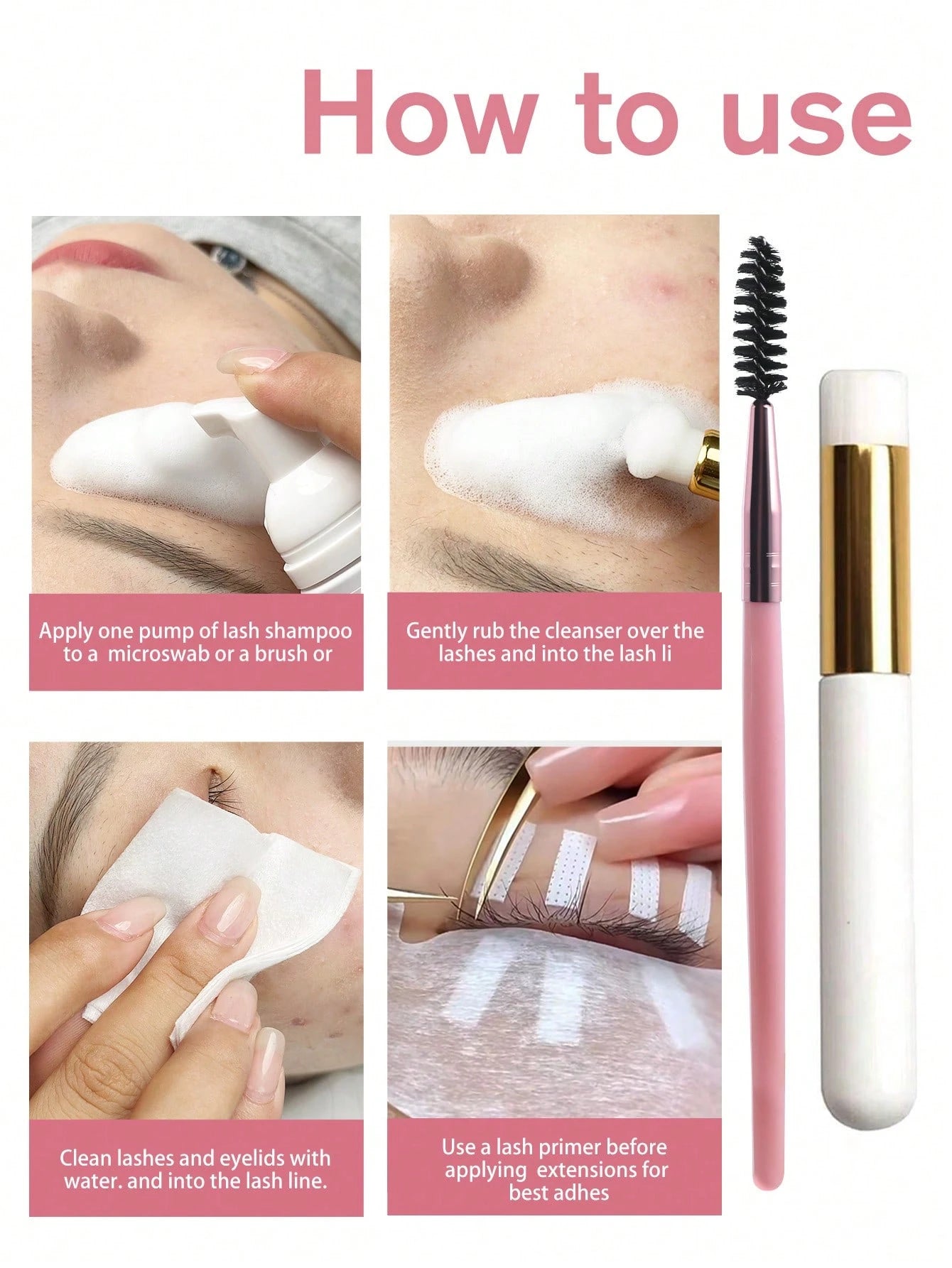 Eyelash Extension Cleanser 60ml + Brush + Rinse Bottle Eyelid Foam Cleanser, Eyelash Foam Shampoo For Extensions And Natural Lashes, Makeup Remover For Salon And Home Use.Lash Glue,Eyelash Glue