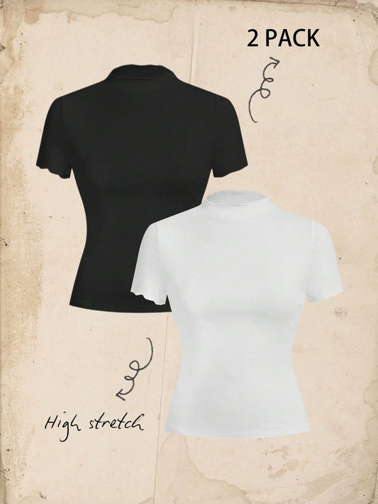 EZwear 2pcs Set Basic Mock Neck Tight Fitted Short Sleeve T-Shirt, Suitable For Summer, For Daily Wear Suitable For Going Out