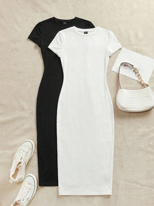 EZwear 2pcs/Set Casual Minimalist Short Sleeve Round Neck Bodycon Midi Dress, Suitable For Spring & Summer,Summer Dresses For Women