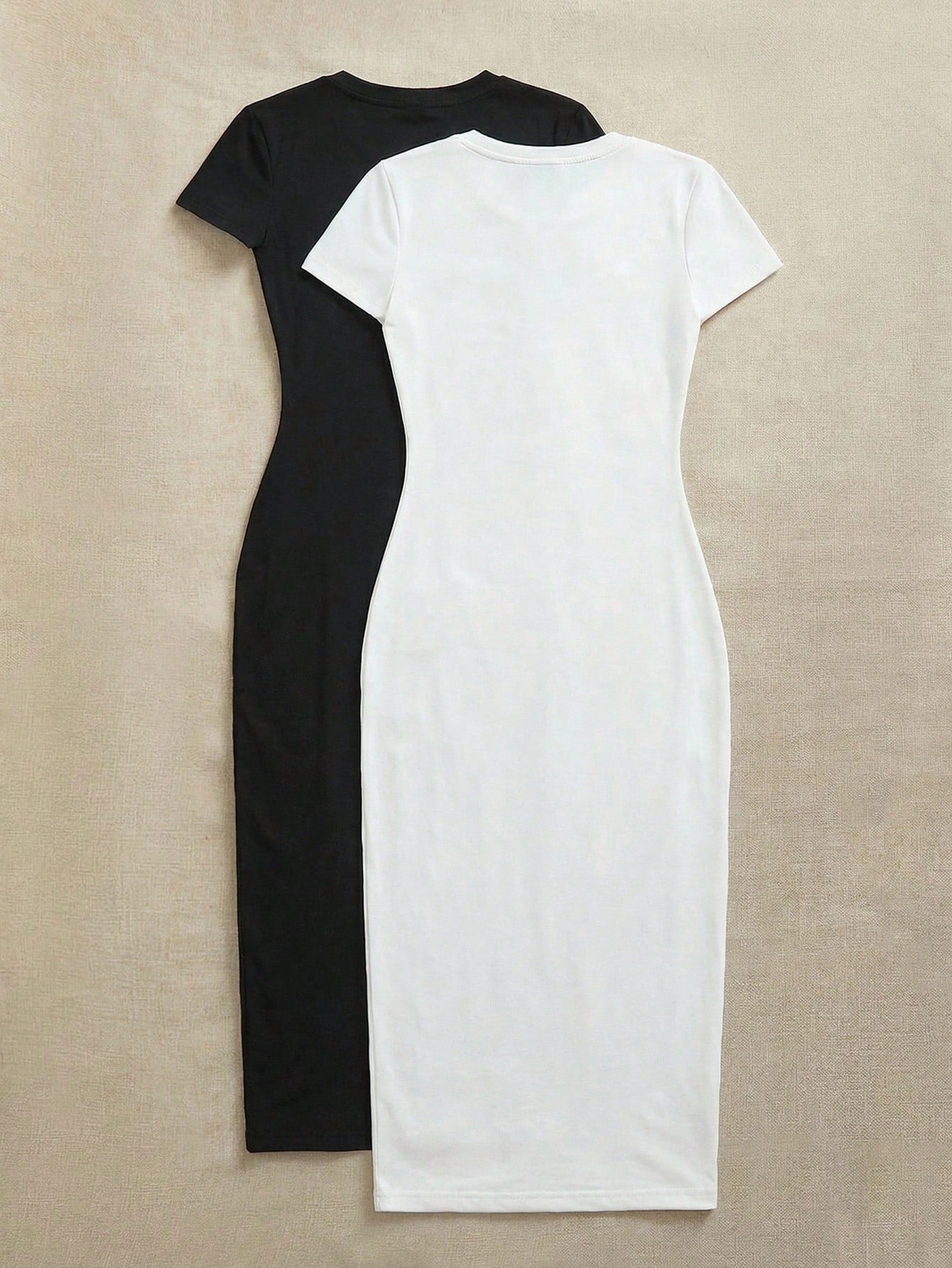 EZwear 2pcs/Set Casual Minimalist Short Sleeve Round Neck Bodycon Midi Dress, Suitable For Spring & Summer,Summer Dresses For Women