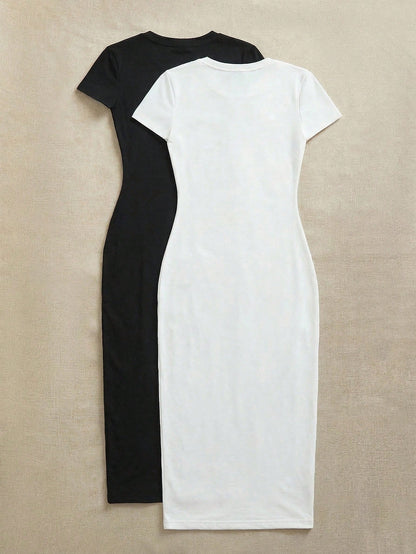 EZwear 2pcs/Set Casual Minimalist Short Sleeve Round Neck Bodycon Midi Dress, Suitable For Spring & Summer,Summer Dresses For Women