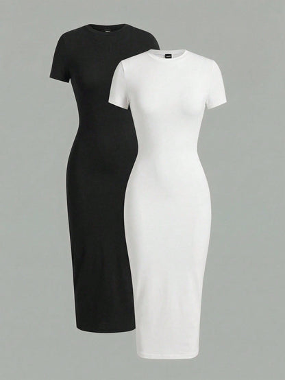 EZwear 2pcs/Set Casual Minimalist Short Sleeve Round Neck Bodycon Midi Dress, Suitable For Spring & Summer,Summer Dresses For Women
