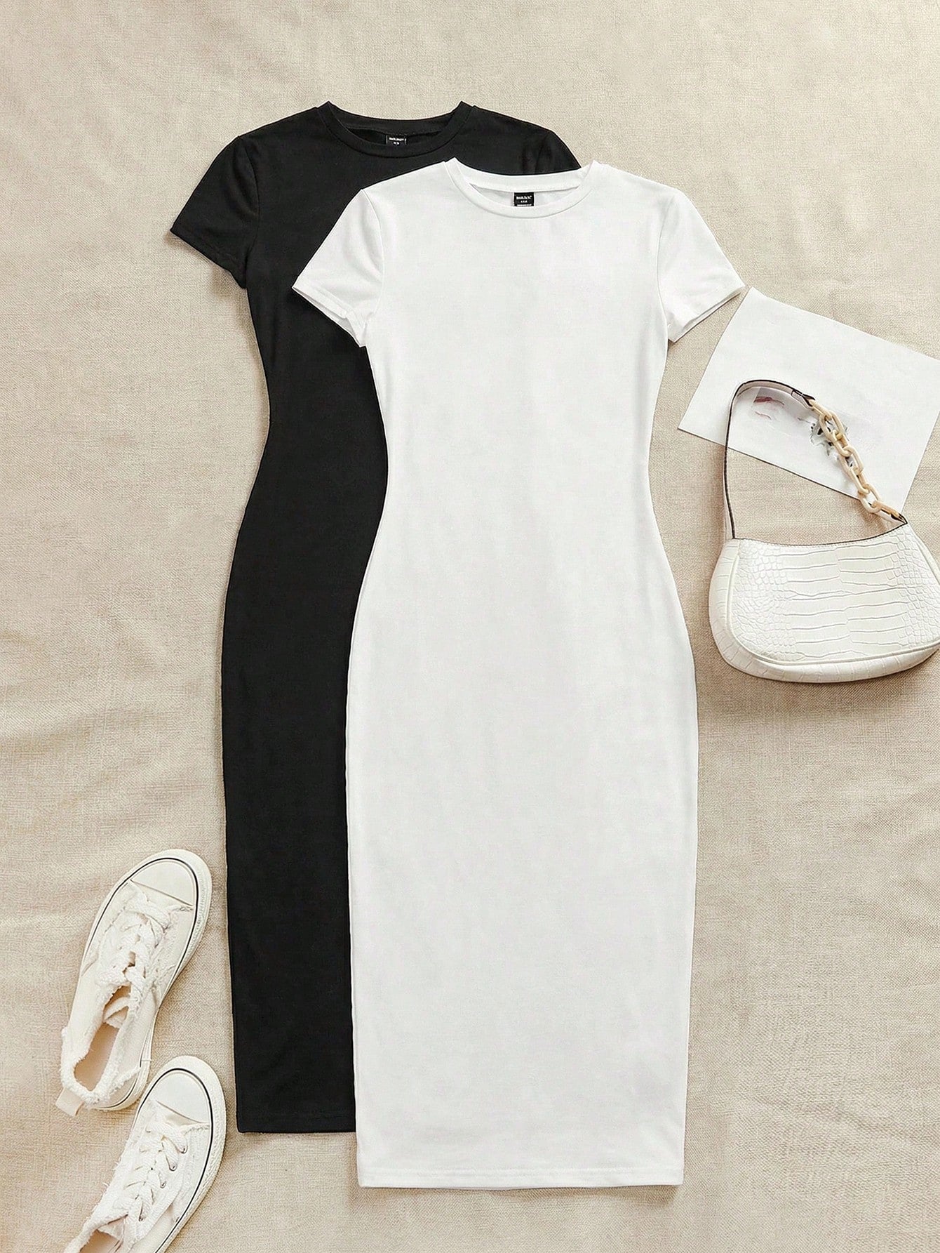 EZwear 2pcs/Set Casual Minimalist Short Sleeve Round Neck Bodycon Midi Dress, Suitable For Spring & Summer,Summer Dresses For Women