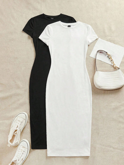 EZwear 2pcs/Set Casual Minimalist Short Sleeve Round Neck Bodycon Midi Dress, Suitable For Spring & Summer,Summer Dresses For Women