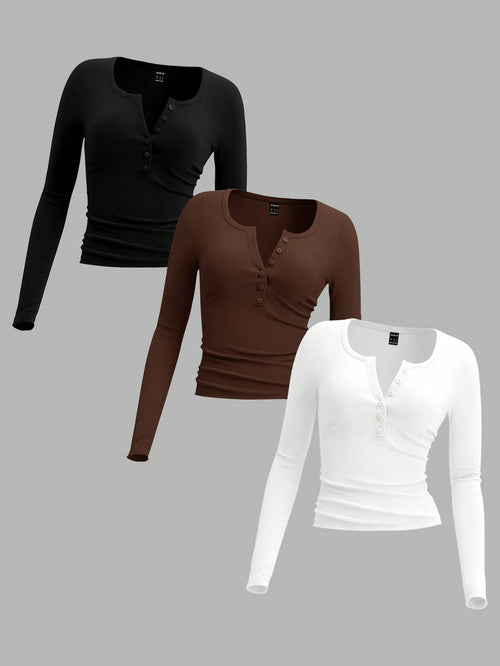 EZwear 3 Set 3 Colors- Black, Brown, White Plus Size Women Knit T-Shirt, Suitable For Autumn & Winter Autumn And Winter Fall