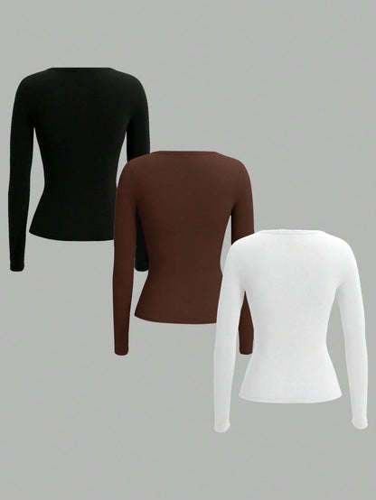 EZwear 3 Set 3 Colors- Black, Brown, White Plus Size Women Knit T-Shirt, Suitable For Autumn & Winter Autumn And Winter Fall