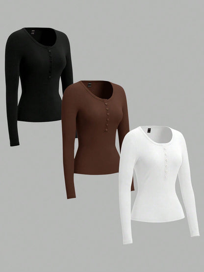 EZwear 3 Set 3 Colors- Black, Brown, White Plus Size Women Knit T-Shirt, Suitable For Autumn & Winter Autumn And Winter Fall