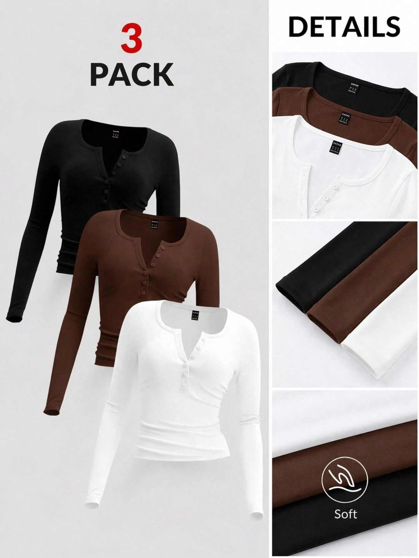 EZwear 3 Set 3 Colors- Black, Brown, White Plus Size Women Knit T-Shirt, Suitable For Autumn & Winter Autumn And Winter Fall
