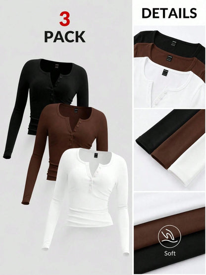 EZwear 3 Set 3 Colors- Black, Brown, White Plus Size Women Knit T-Shirt, Suitable For Autumn & Winter Autumn And Winter Fall