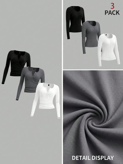EZwear 3 Set 3 Colors- Black, Brown, White Plus Size Women Knit T-Shirt, Suitable For Autumn & Winter Autumn And Winter Fall