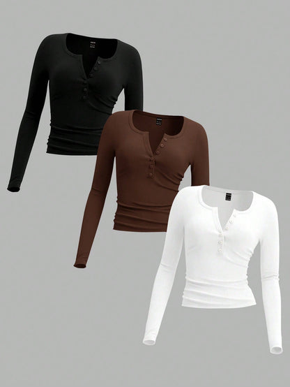 EZwear 3 Set 3 Colors- Black, Brown, White Plus Size Women Knit T-Shirt, Suitable For Autumn & Winter Autumn And Winter Fall