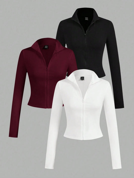 EZwear 3pcs/Set Casual Minimalist White, Black, Wine Red Knit Zip-Up Long Sleeve T-Shirts For Women, Suitable For Spring & Autumn New Year Party