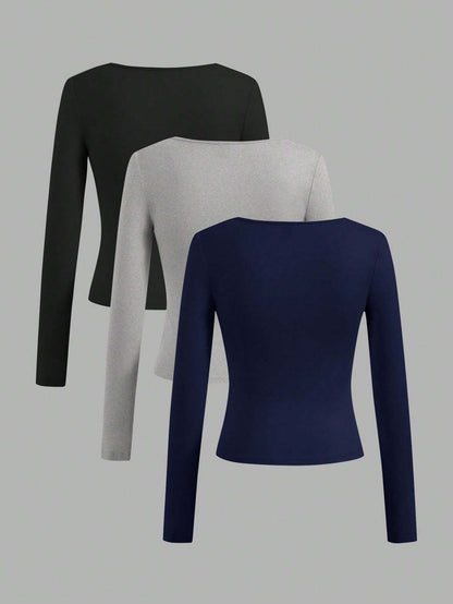 EZwear 3pcs/Set Women Plus Size Casual Square Neck T-Shirts, Suitable For Spring And Autumn And Winter Fall