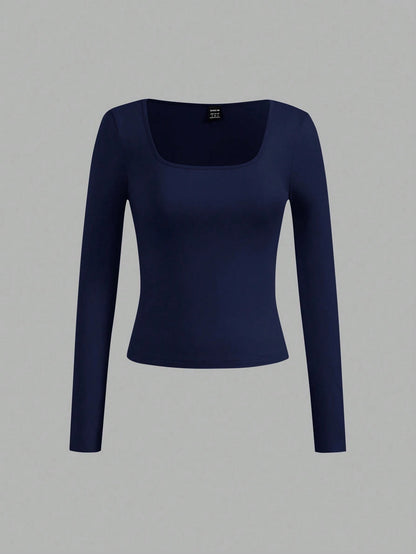 EZwear 3pcs/Set Women Plus Size Casual Square Neck T-Shirts, Suitable For Spring And Autumn And Winter Fall