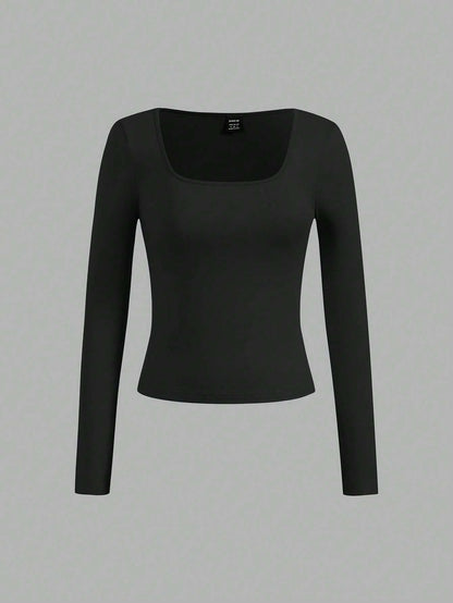 EZwear 3pcs/Set Women Plus Size Casual Square Neck T-Shirts, Suitable For Spring And Autumn And Winter Fall