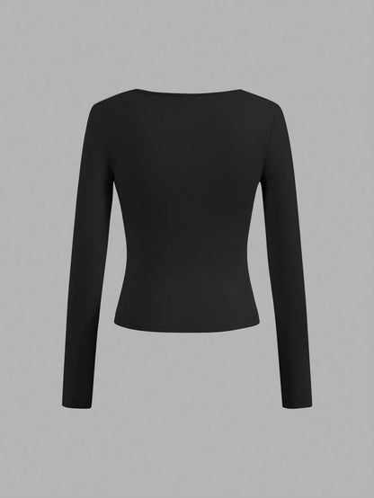 EZwear 3pcs/Set Women Plus Size Casual Square Neck T-Shirts, Suitable For Spring And Autumn And Winter Fall