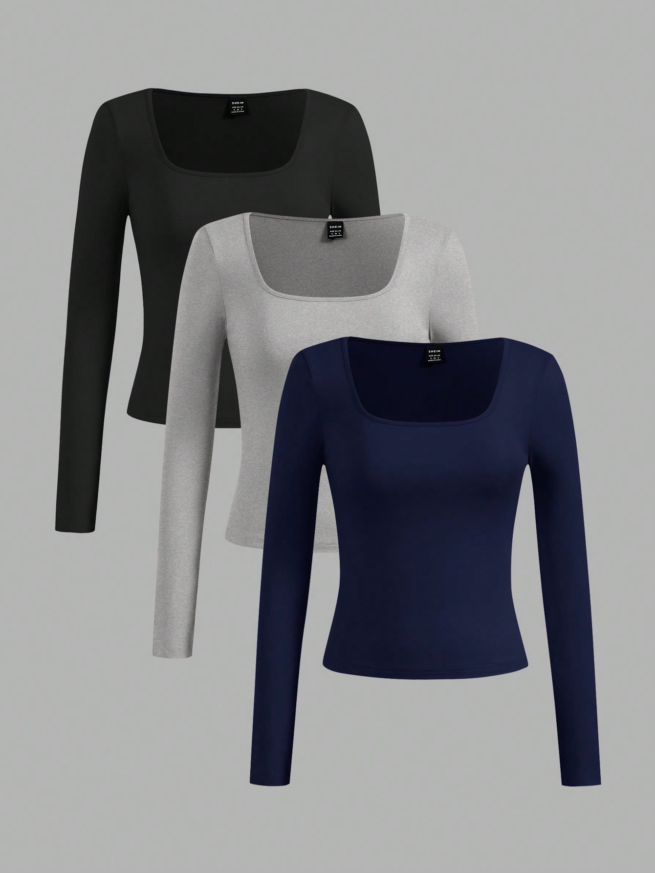 EZwear 3pcs/Set Women Plus Size Casual Square Neck T-Shirts, Suitable For Spring And Autumn And Winter Fall