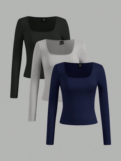 EZwear 3pcs/Set Women Plus Size Casual Square Neck T-Shirts, Suitable For Spring And Autumn And Winter Fall
