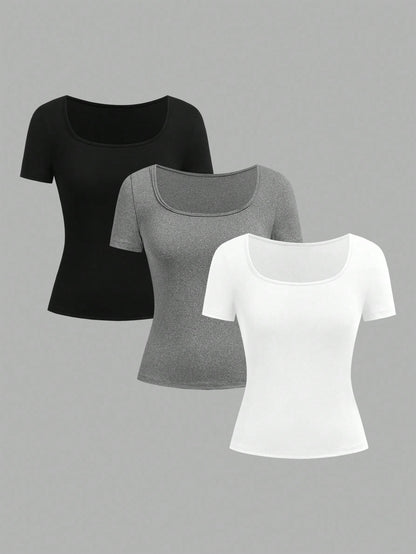 EZwear 3pcs Women's Short Sleeve Cropped Casual Fitted T-Shirts, Suitable For Summer