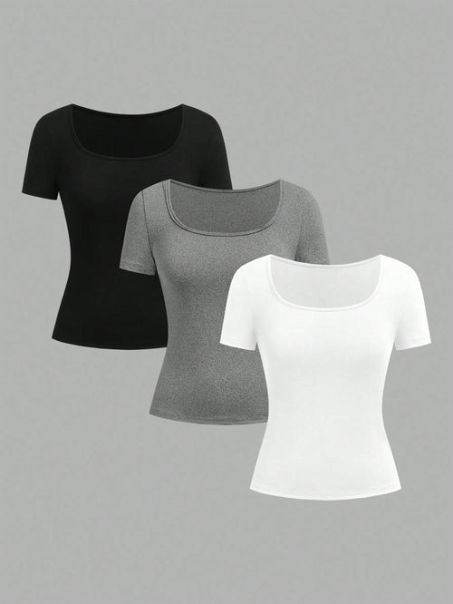 EZwear 3pcs Women's Short Sleeve Cropped Casual Fitted T-Shirts, Suitable For Summer