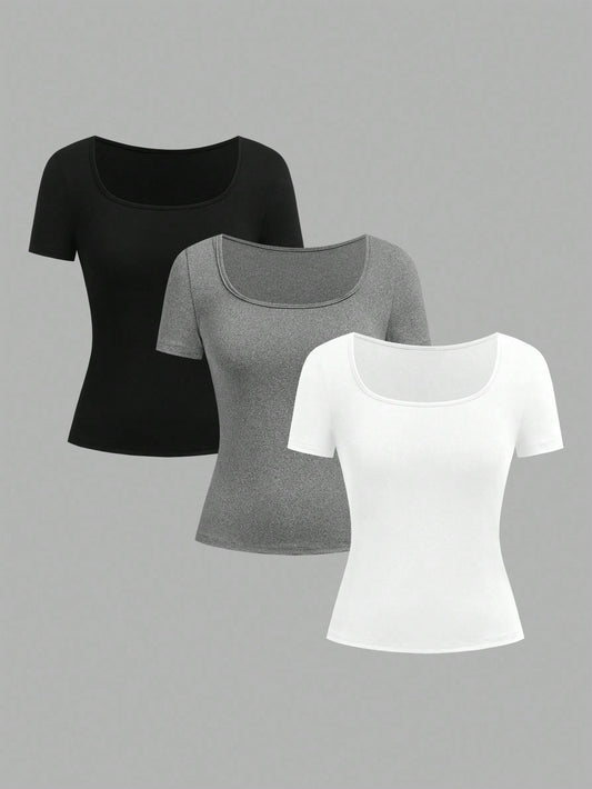 EZwear 3pcs Women's Short Sleeve Cropped Casual Fitted T-Shirts, Suitable For Summer