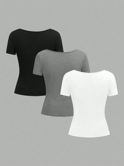 EZwear 3pcs Women's Short Sleeve Cropped Casual Fitted T-Shirts, Suitable For Summer