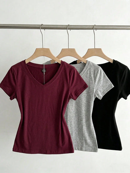 EZwear 3pcs Women's Summer V-Neck Fitted T-Shirts, Punk Subculture Anime Solid Color Basic V-Neck Short Sleeve Slim Fit T-Shirts