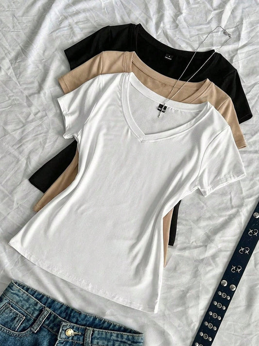 EZwear 3pcs Women's Summer V-Neck Tight T-Shirts, Punk Casual Subculture Anime Solid Color Basic Short Sleeve Slim Fit Everyday White Khaki Black