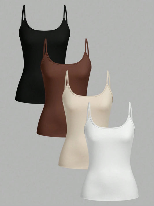 EZwear 4pcs Casual Minimalist Versatile Camisole Tops, Suitable For Summer, Slim Fit For Women