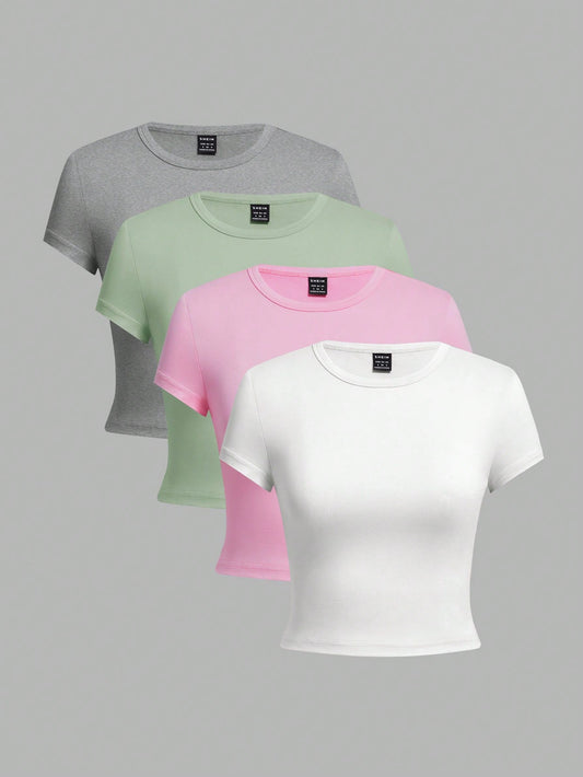 EZwear 4pcs Casual Round Neck Slim Short Sleeve Women's T-Shirt, Suitable For Summer Suitable For Going Out