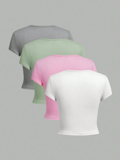 EZwear 4pcs Casual Round Neck Slim Short Sleeve Women's T-Shirt, Suitable For Summer Suitable For Going Out
