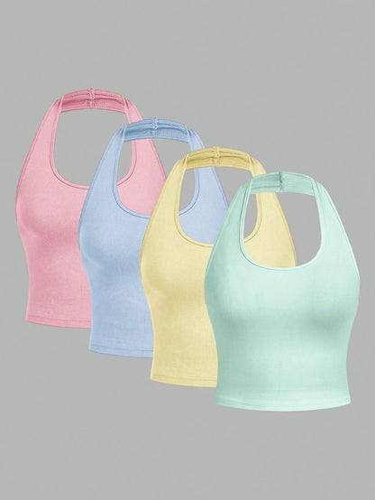 EZwear 4pcs/Set Casual Minimalist Short Scoop Neck Tight Fit Camisole Tops For Women, Suitable For Summer,Summer Top