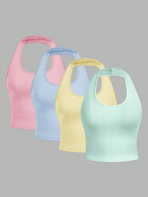 EZwear 4pcs/Set Casual Minimalist Short Scoop Neck Tight Fit Camisole Tops For Women, Suitable For Summer,Summer Top
