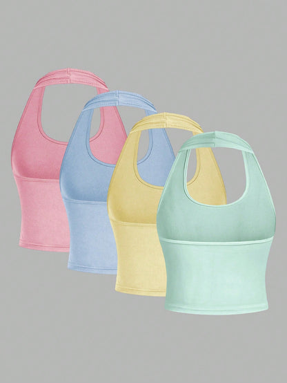 EZwear 4pcs/Set Casual Minimalist Short Scoop Neck Tight Fit Camisole Tops For Women, Suitable For Summer,Summer Top
