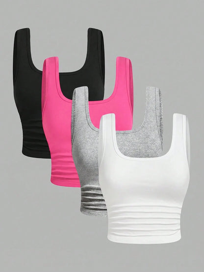 EZwear 4pcs/Set Colorful Casual Cropped Plus Size Tank Tops, 3 Packs Tops, Tight Tops, Workout Tops,Business Casual Woman,Back To School