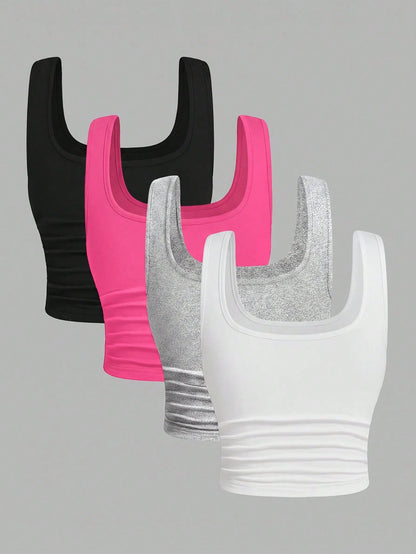 EZwear 4pcs/Set Colorful Casual Cropped Plus Size Tank Tops, 3 Packs Tops, Tight Tops, Workout Tops,Business Casual Woman,Back To School