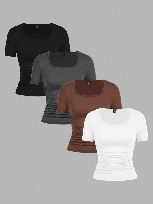 EZwear 4pcs/Set Minimalist Solid Color Crew Neck Short Sleeve Plus Size Women T-Shirts Tops,Black And White,Autumn,Smart Casual,Everyday Casual Comfortable