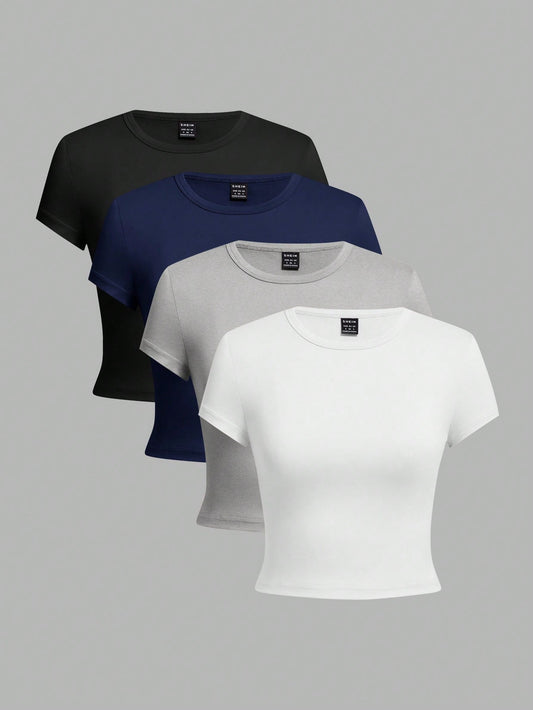 EZwear 4pcs/Set Women Casual Round Neck Regular Shoulder Short Sleeve Form-Fitting T-Shirts, Suitable For Summer Suitable For Going Out