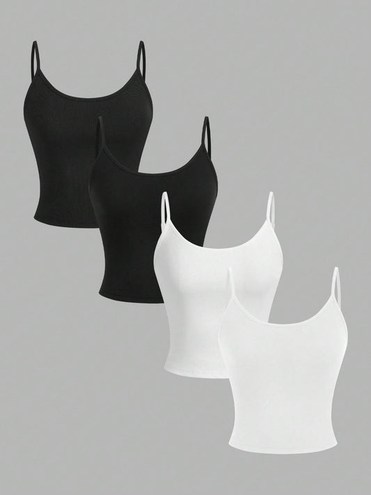 EZwear 4pcs Women Casual Cropped Camisole Set, Versatile For Summer