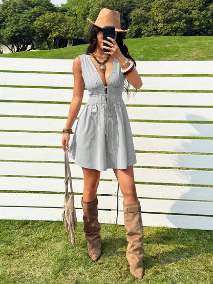 EZwear Blue Woven Sleeveless Striped Mini Dress For Women,Summer Dresses For Women