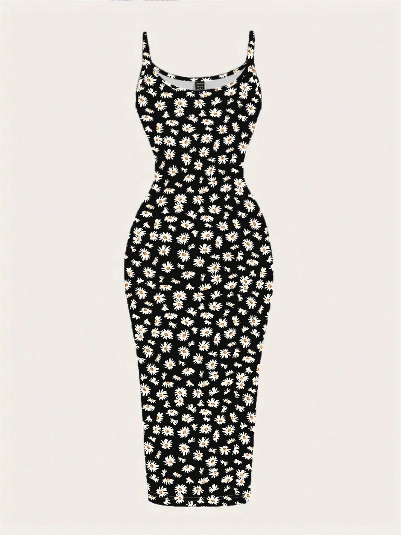EZwear Casual Minimalist Full-Print Fitted Spaghetti Strap Maxi Dress For Summer, Daisy Print, Ditsy Floral